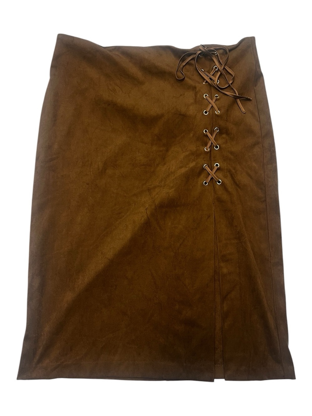 NWT New York & Company Faux Suede Lace-Up Midi Pencil Skirt Brown/Cognac Sz 12